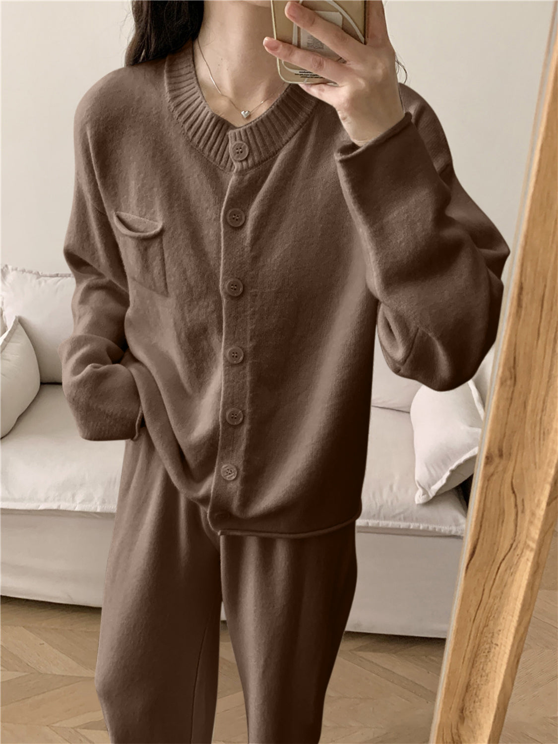 Taupe ribbed knit cardigan and wide leg set with button front and chest pocket.
