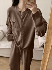 Taupe ribbed knit cardigan and wide leg set with button front and chest pocket.