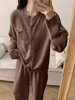 Taupe ribbed knit cardigan and wide leg set with button front and chest pocket.