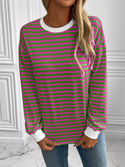 Horizontal stripe crewneck sweatshirt with white cuffs and neckline in pink and green.