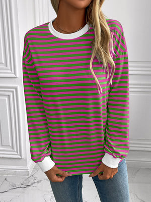 Horizontal stripe crewneck sweatshirt with white cuffs and neckline in pink and green.