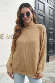 Camel ribbed turtleneck sweater with raglan sleeves, acrylic knit.