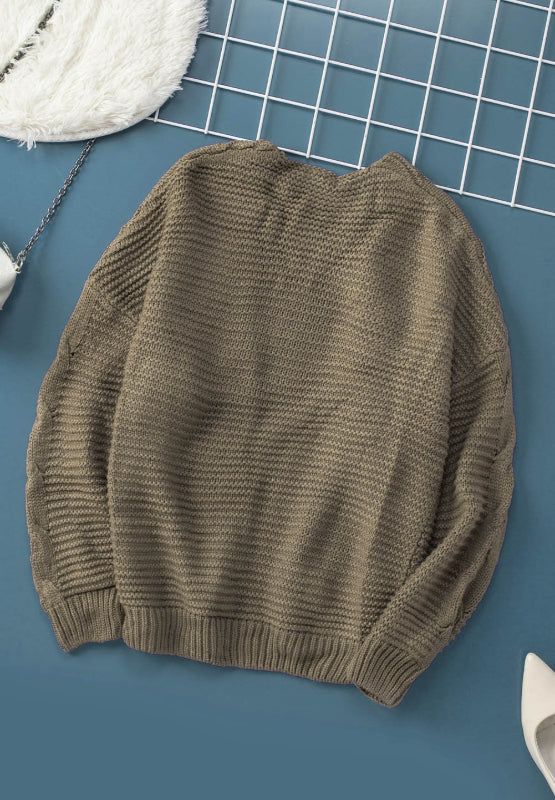 Olive cable knit open-front cocoon cardigan with ribbed details