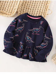 Dark navy cotton sweatshirt with dinosaur print and ruffled hem.