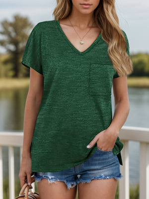 Dark green v-neck t-shirt with short sleeves and a chest pocket.