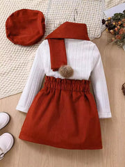 Children's Ribbed Knit Top And Skirt Set in White, back view