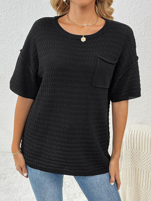 Black textured knit t-shirt with boxy silhouette and chest pocket