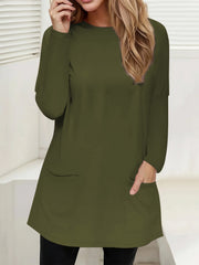 Relaxed fit Army Green tunic with crew neck, long sleeves, and two patch pockets.