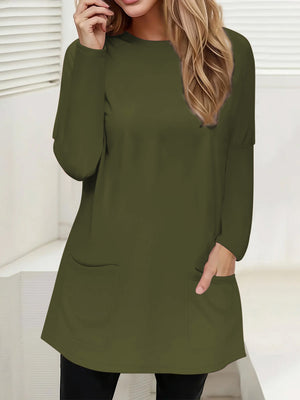 Relaxed fit Army Green tunic with crew neck, long sleeves, and two patch pockets.