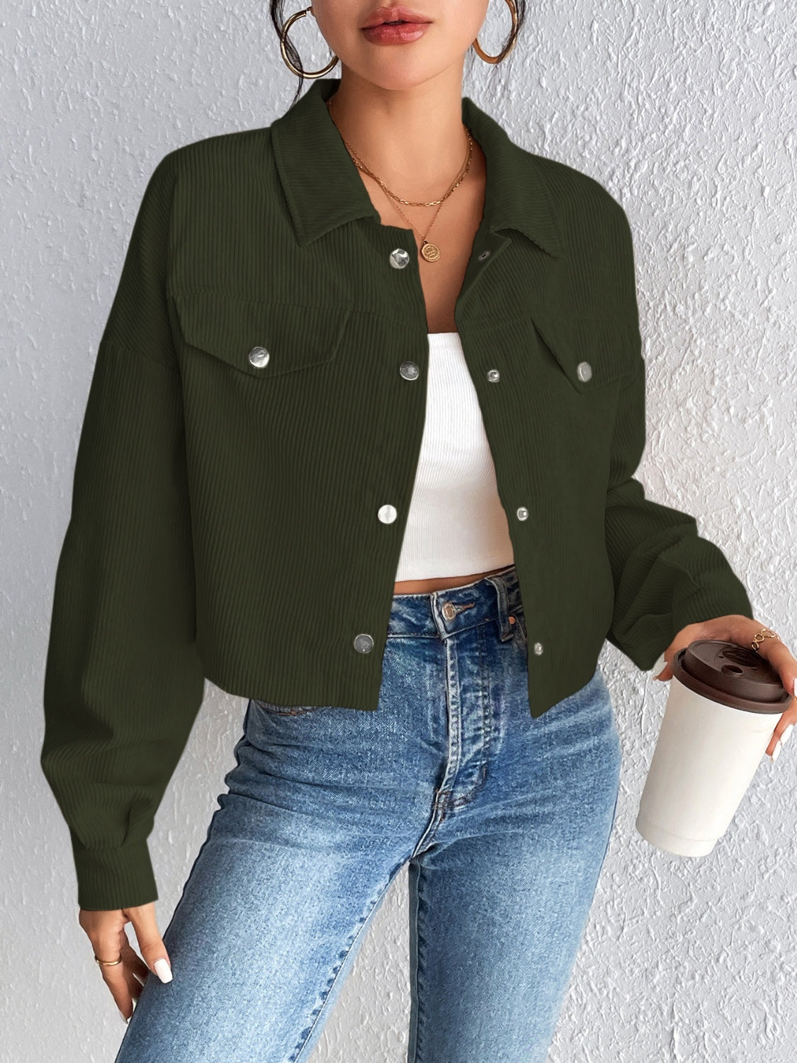 Cropped army green corduroy snap-front jacket with chest pockets