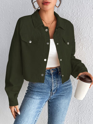 Cropped army green corduroy snap-front jacket with chest pockets