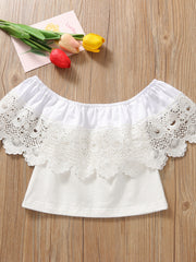 White off-shoulder cotton top with lace overlay and ruffled sleeves.