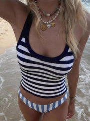 Chic striped halter cami top in navy and white with a cropped length.