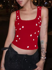 Red cropped tank top with white rhinestone embellishments and square neckline.