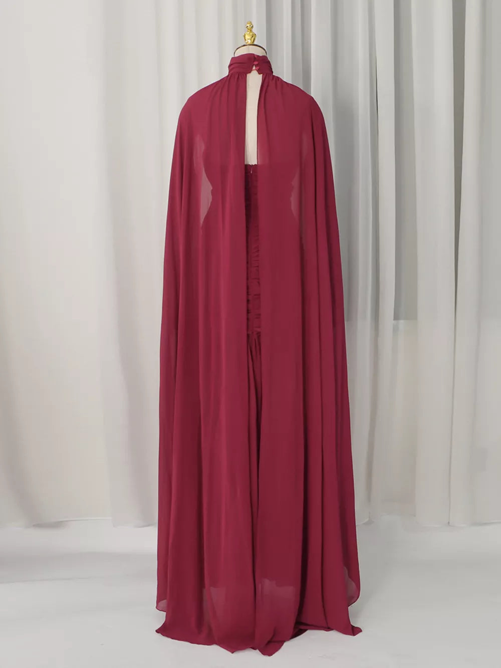Ruched Halter Neck Cape Maxi Dress in Red, back view