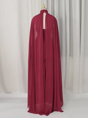 Ruched Halter Neck Cape Maxi Dress in Red, back view