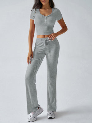 Light gray button-front crop top and flared drawstring pants set