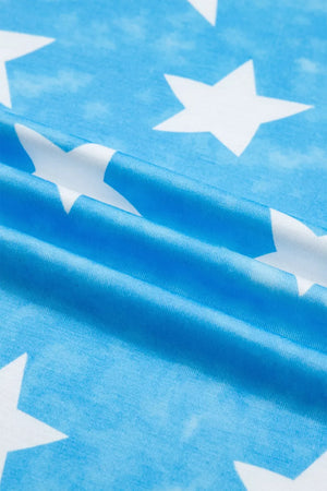 Patriotic t-shirt with white stars on a blue background, featuring ruffle sleeves.
