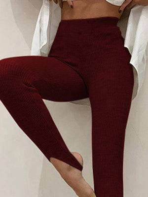 Wine ribbed knit stirrup leggings with a high waist and split ankle detail.