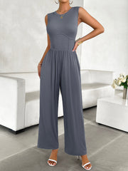 Blue-Gray ribbed bodice wide leg jumpsuit with a scoop neck and sleeveless design.