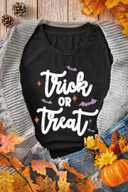 Black graphic t-shirt with white Trick or Treat text and purple bats.