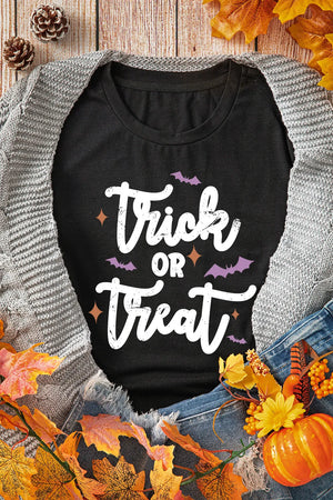 Black graphic t-shirt with white Trick or Treat text and purple bats.