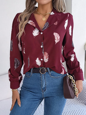Wine feather print blouson sleeve button-down shirt