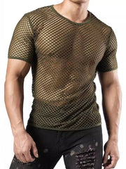 Army green mesh knit crew neck tee with short sleeves.
