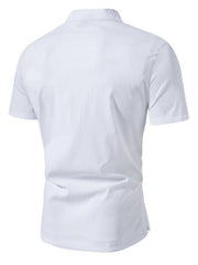 White cotton short sleeve shirt with band collar and button detail.