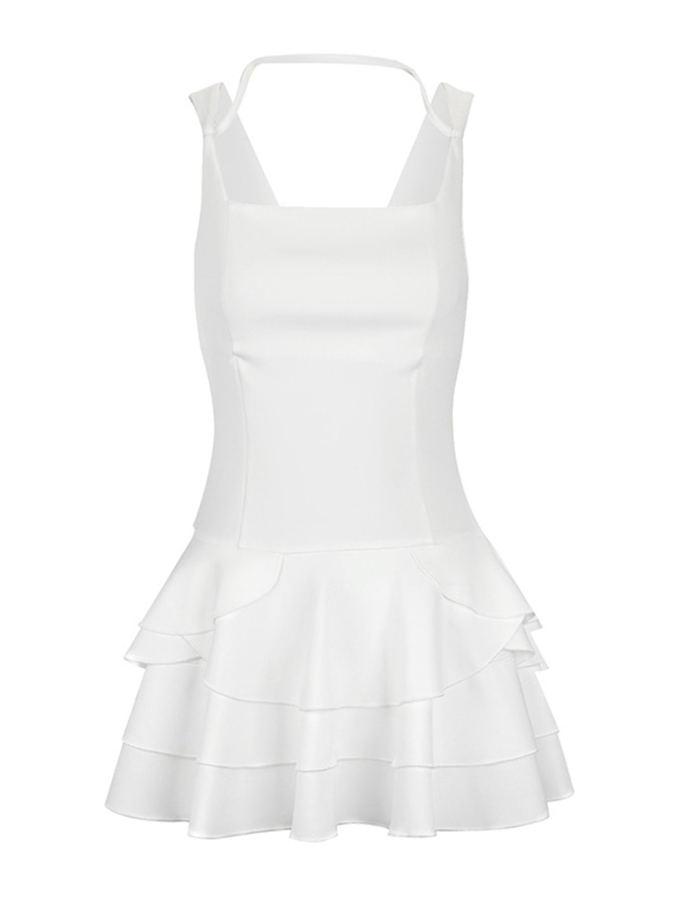 White mini dress with square neckline, fitted bodice and tiered ruffled hem.