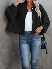 Black waffle knit cropped utility jacket with button front and chest pockets