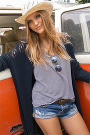 Dark Navy open-knit cardigan with lace detail on shoulders and slit hem.