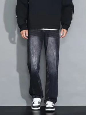 Men's dark wash loose-fit jeans with a faded effect and straight leg cut.