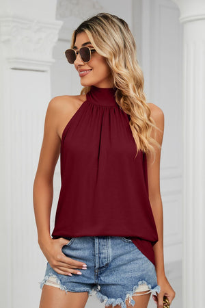 Wine halter neck blouse with gathered neckline and sleeveless design
