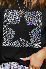 Black t-shirt with iridescent mosaic star graphic on front