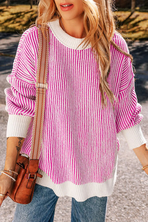Hot Pink vertical stripe drop-shoulder knit sweater with white trim and crew neck.