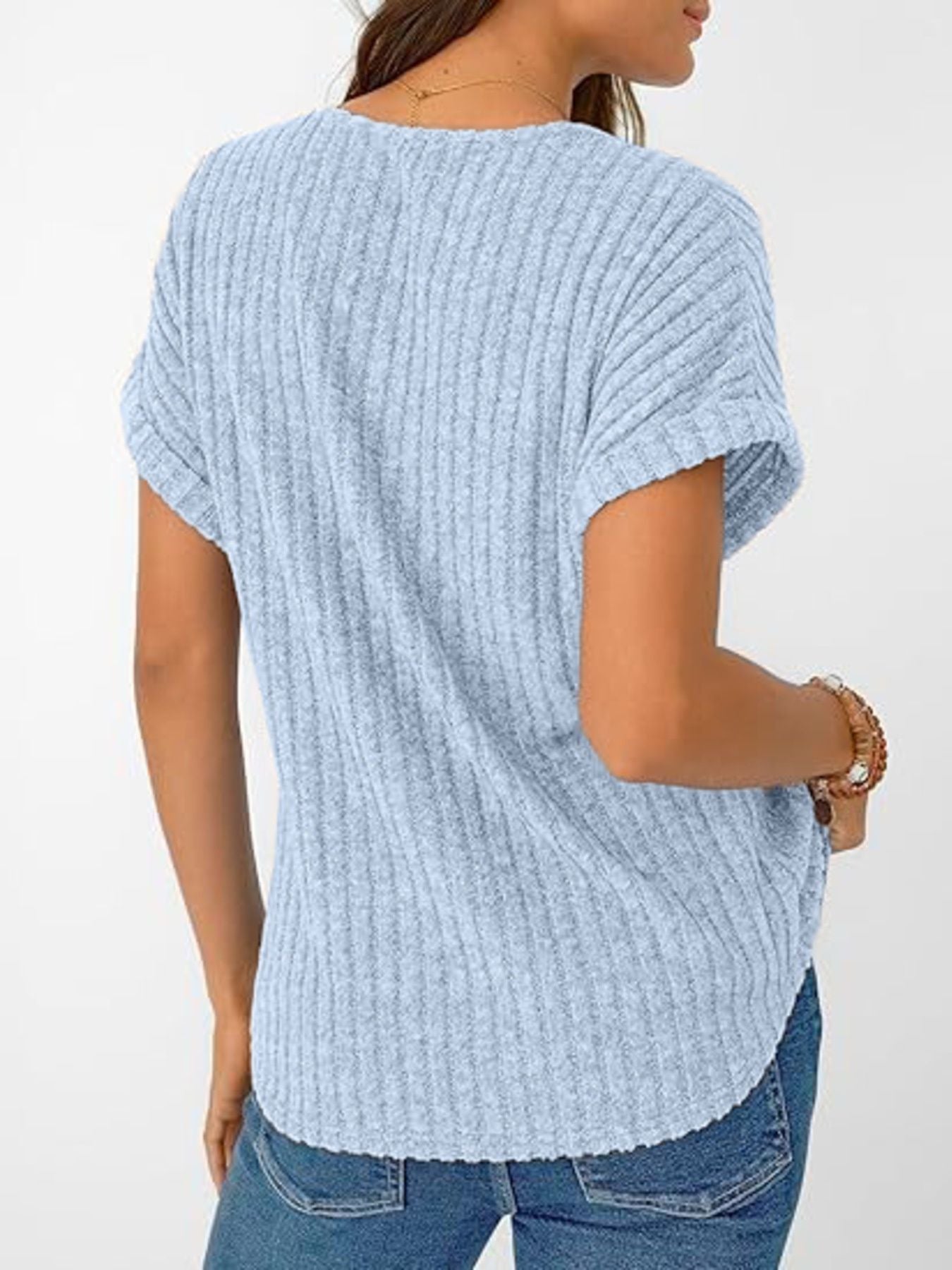 Light blue ribbed V-neck t-shirt with short sleeves and a relaxed fit.