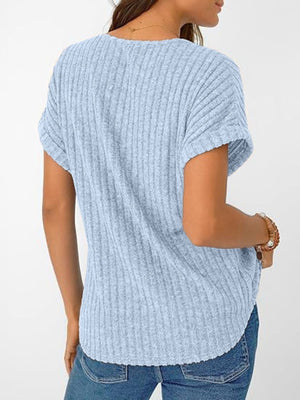 Light blue ribbed V-neck t-shirt with short sleeves and a relaxed fit.