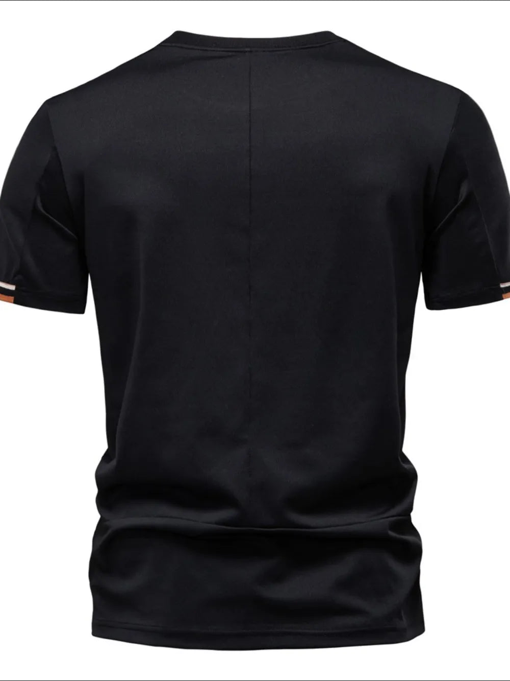 Black t-shirt with embroidered crest detail on sleeve cuff and subtle back seam.