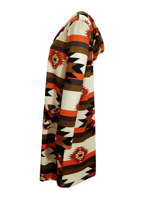 Southwestern print hooded maxi cardigan in multicolor with geometric patterns and pockets.