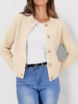 Textured knit button-up cardigan in tan with round neckline and button closure.