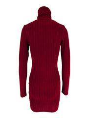 Red ribbed turtleneck bodycon mini dress with long sleeves.