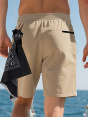 Khaki chino shorts with drawstring waist and black back pocket detail.