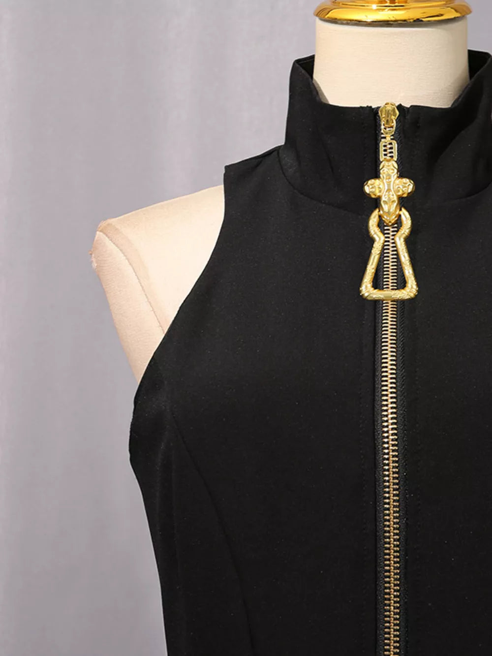 Zip Up Sleeveless Mini Dress in Black, fit detail