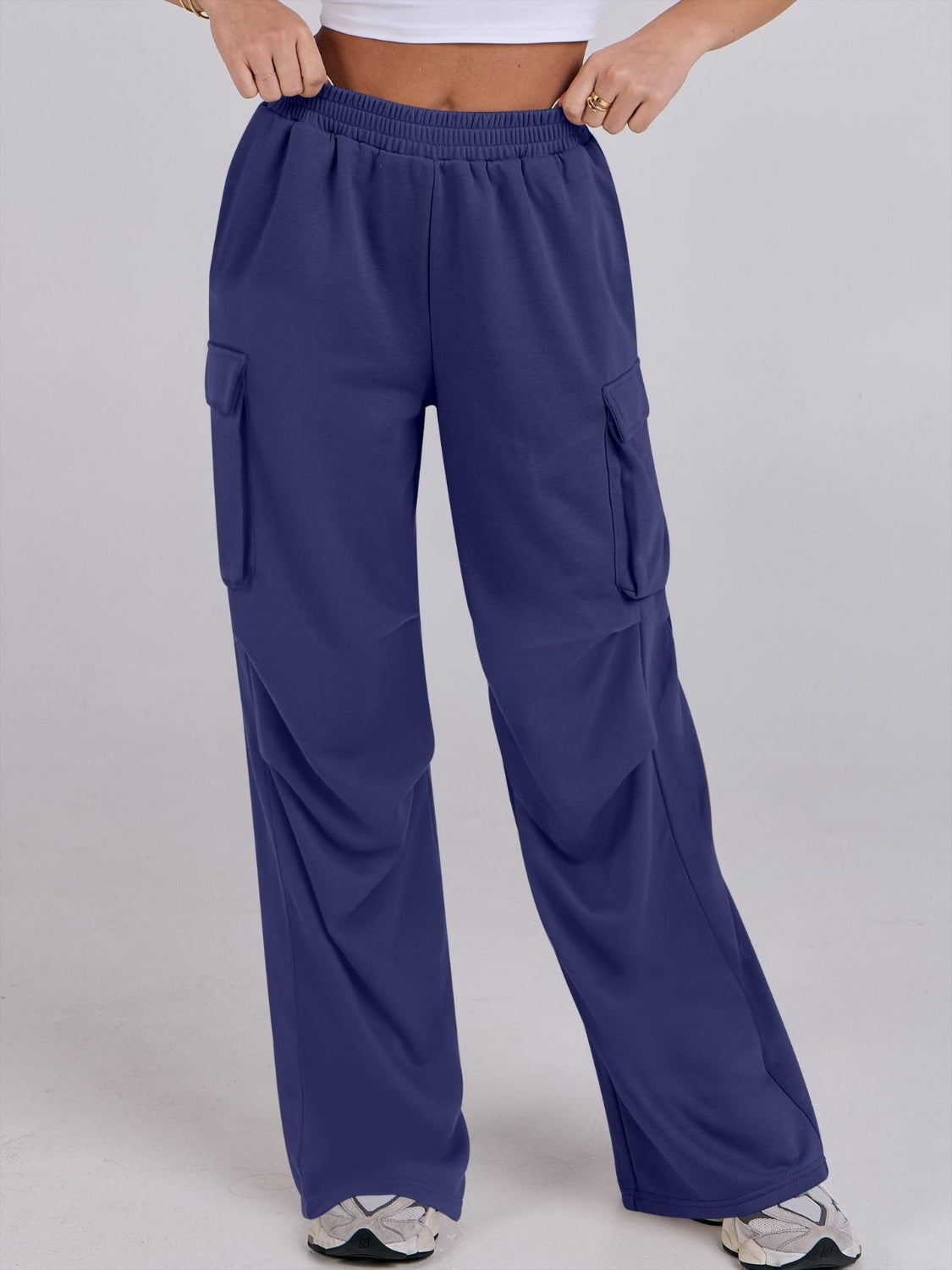 Royal Blue cargo pocket drape wide leg sweatpants with elastic waist
