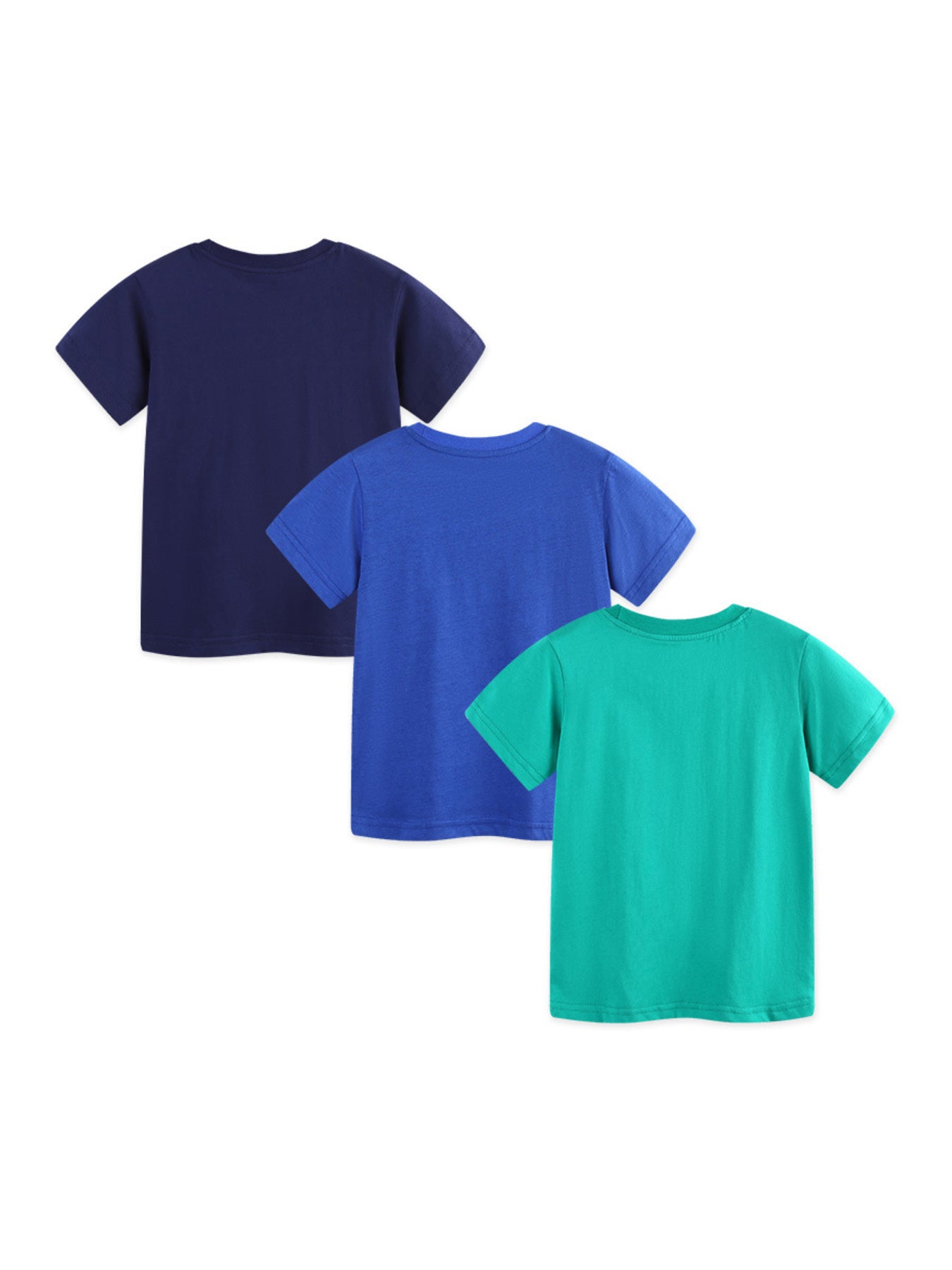 3-piece kids cotton crew neck t-shirts in navy, royal blue, and green.