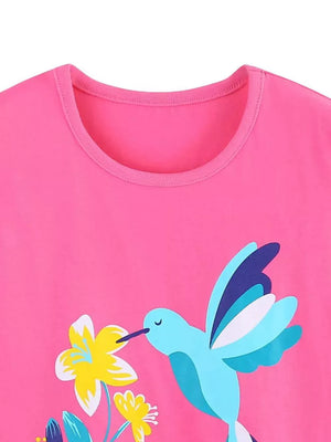 Hot Pink t-shirt with hummingbird and flower print.