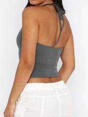 Dark gray halter crop top with tie back detail