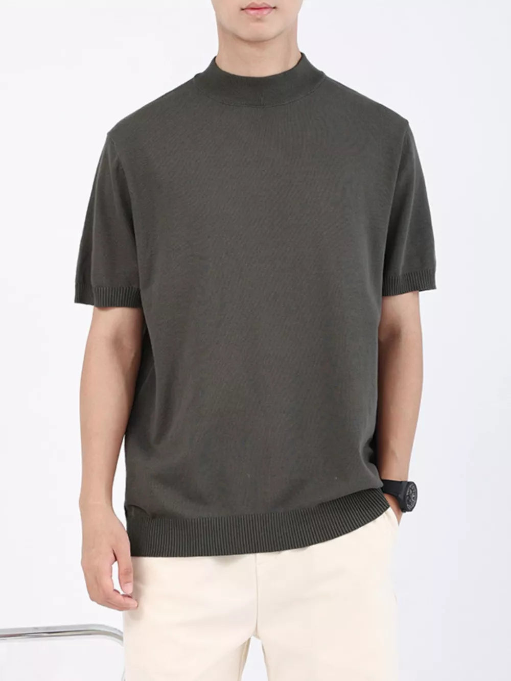 Men's short sleeve knit t-shirt in Army Green with mock neck and ribbed hem.