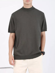 Men's short sleeve knit t-shirt in Army Green with mock neck and ribbed hem.